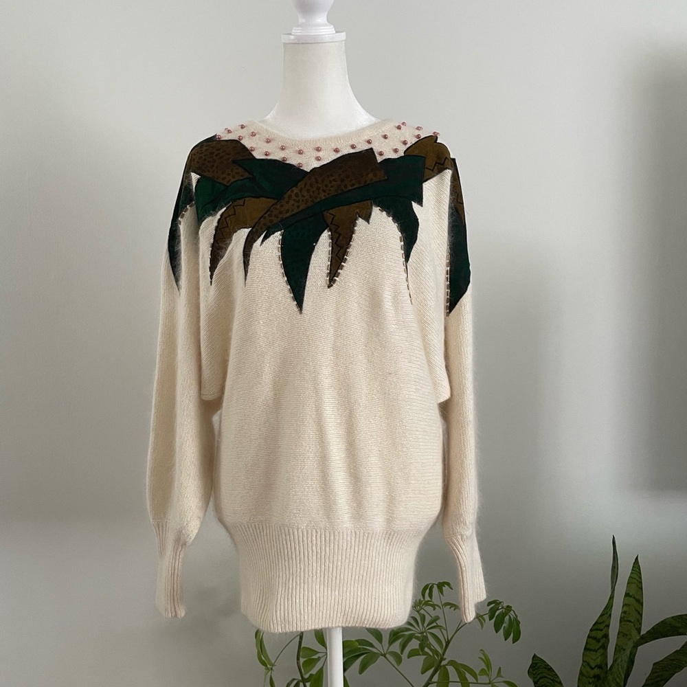 Vintage 80s Cedar’s Sweater with Leather Patches & Beads Detail